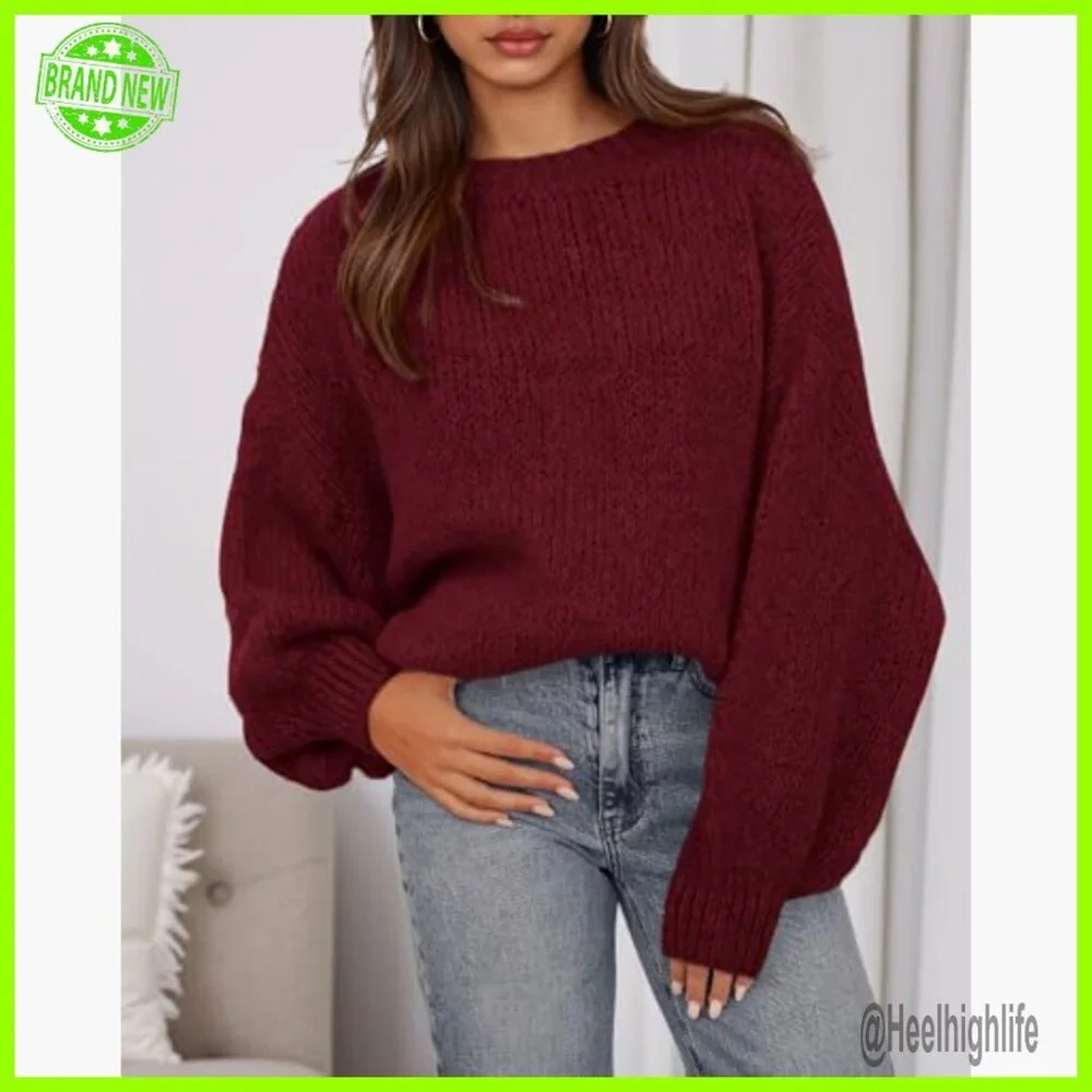 Oversized Lantern Sleeve Pullover Sweater, Loose Fit Knit Top - Picture 6 of 7